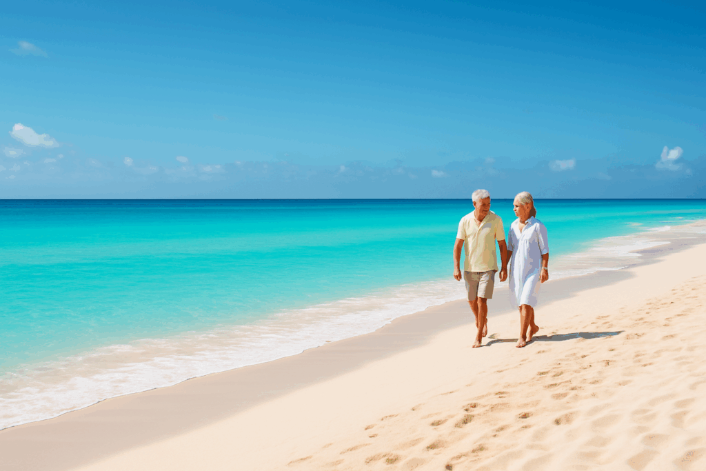 A stunning, inviting photo of a calm Cancun beach with bright turquoise water and white sand. Ideally, it evokes relaxation and beauty.