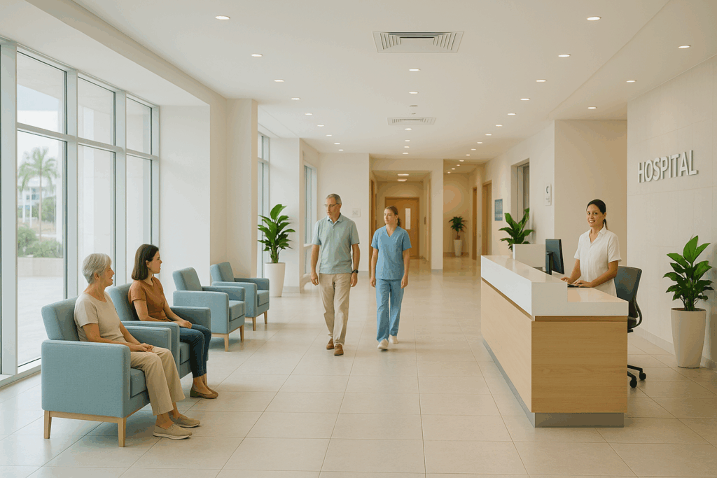 interior photo of a clean, modern-looking medical facility in Cancun (like Hospital Amerimed or Hospiten, using a generic but high-quality image of a clinic entrance